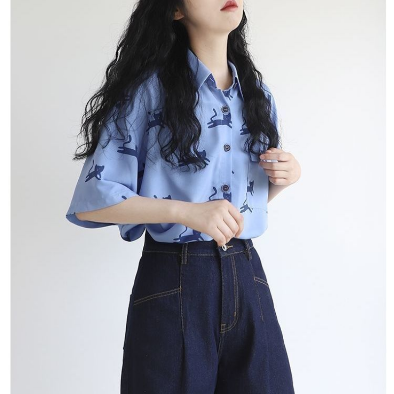 Camicia abbottonata con stampa gatto 2022 camicie carine blu moda coreana per le donne magliette alla moda per studenti a maniche corte All-match