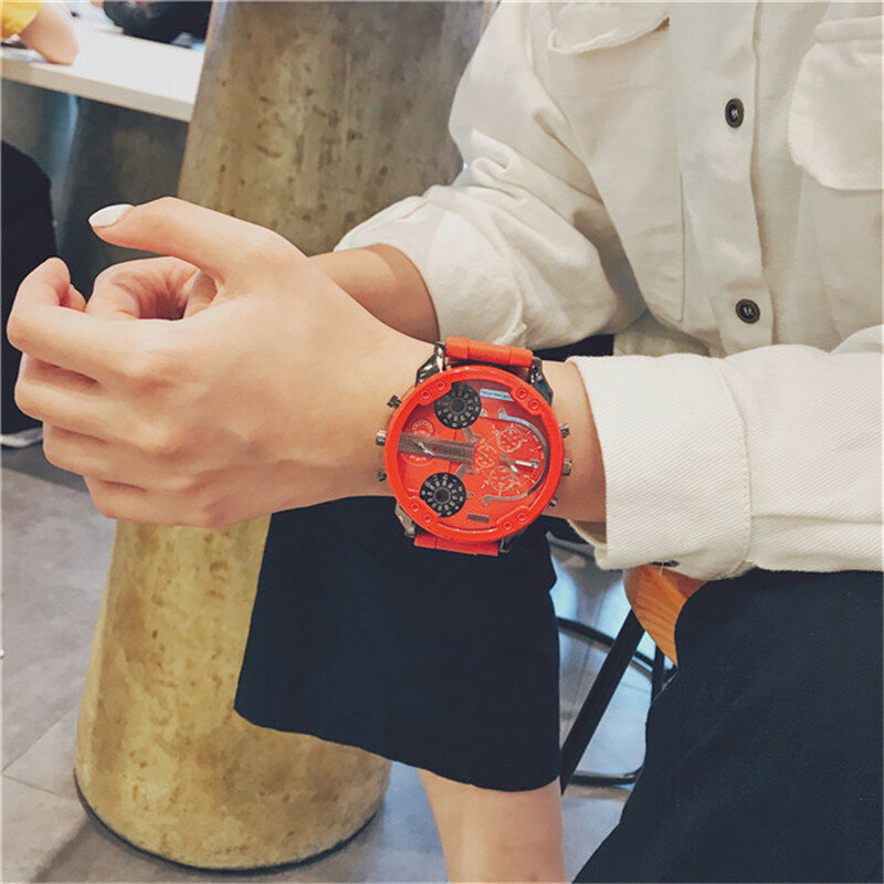 แฟชั่นนาฬิกาผู้ชายสีแดงสีดำขนาดใหญ่นาฬิกาข้อมือควอตซ์ชายสายรัดเหล็กชายนาฬิกา Relogio Masculino Drop ...
