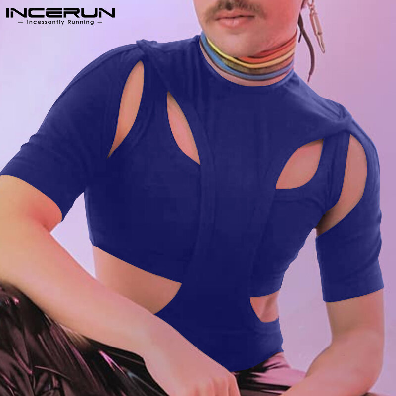 INCERUN-body Sexy de manga corta para hombre, pijama de Color sólido con cuello redondo, mono calado Irregular, ropa interior 5XL, 2022
