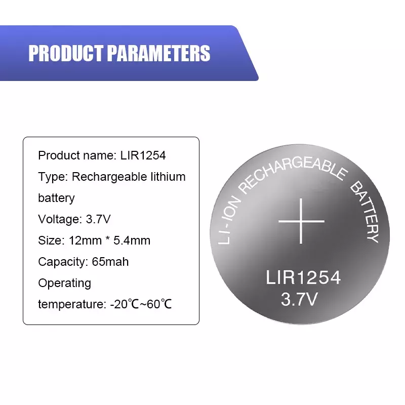 3.7V LIR1254 TWS 무선 헤드폰 블루투스 용 충전식 리튬 배터리 버튼 셀 내장 배터리 1254, 2 개입