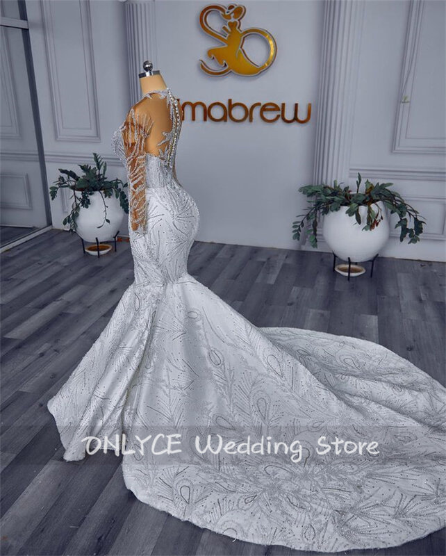 Luxury Sheer Long Sleeves Wedding Dresses Beads Applique Crystals Sequins Glitter Mermaid Bridal Gowns Robe De Mariee