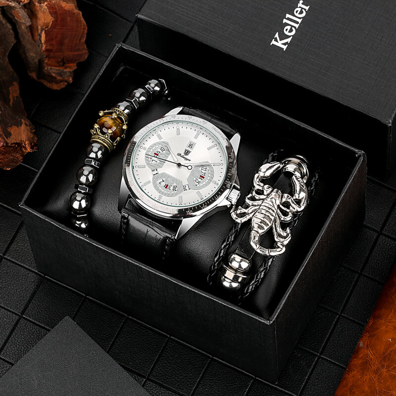 3 piezas-Reloj de cuarzo de lujo para Hombre, conjunto de pulsera de escorpión a la moda, regalo para novio, relojes de pulsera de cuero con calendario