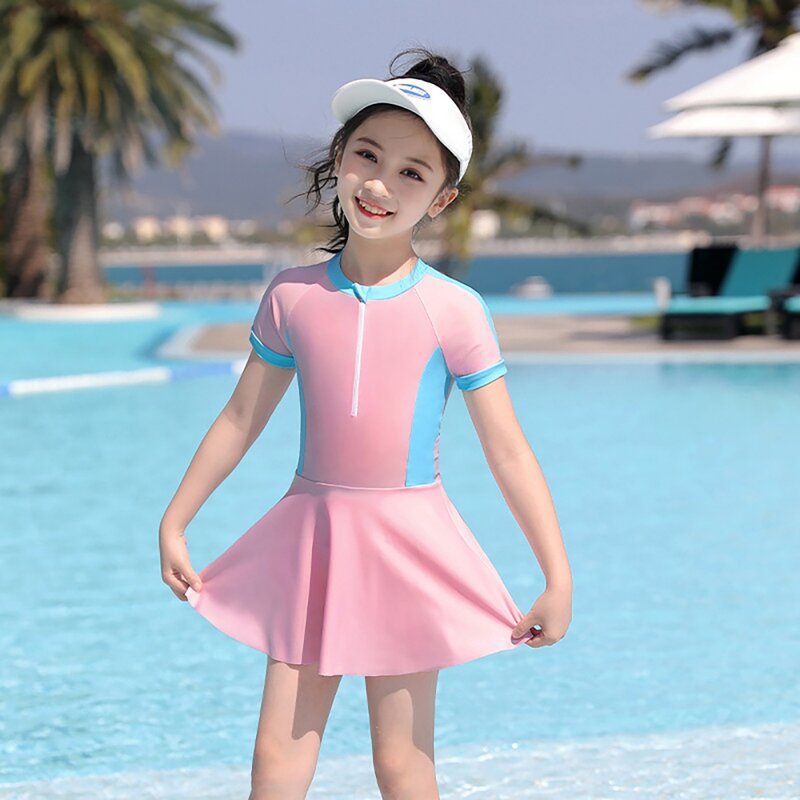 Girls One Piece Swimsuit Kids  Lovely Swimwear Bathing Suits Sun Protection Beach Princess Short Sleeve Swim Dress Swimwear