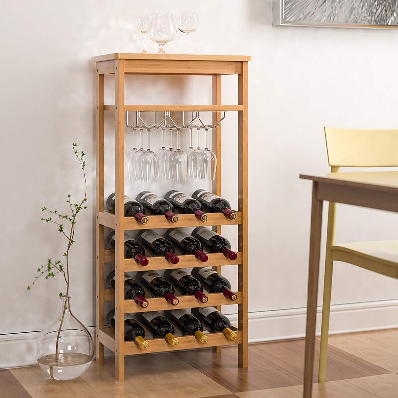 Homfa rack de vinho de bambu vinho titular armazenamento exibir prateleiras com suporte de vidro
