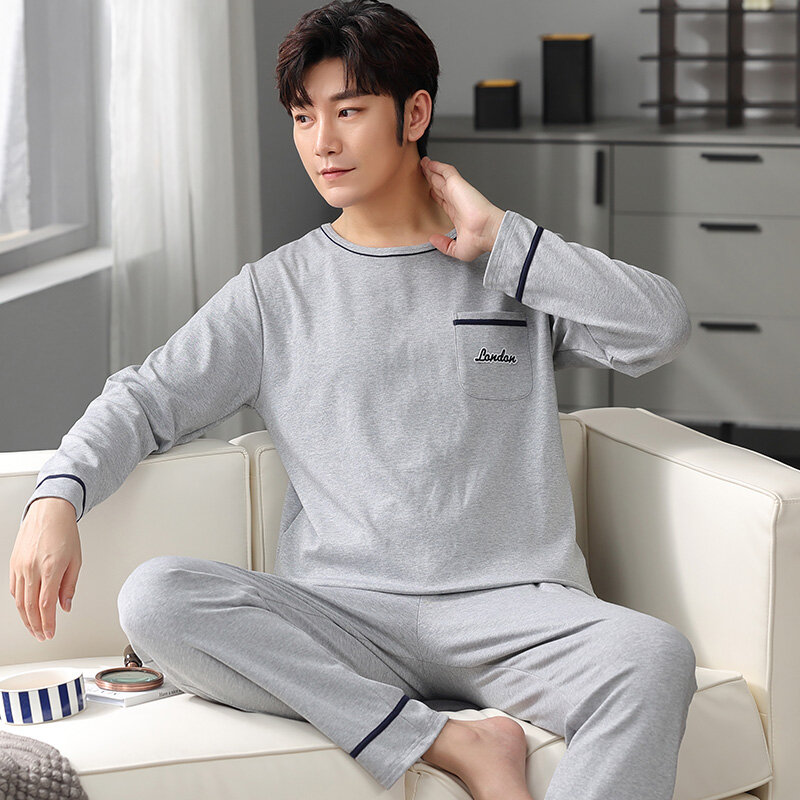 Mới 2022 Mùa Xuân Nam Bộ Đồ Ngủ Dài Tay Nam Pyjama Set Áo Nguyên Chất Đầy Đủ Cotton Cổ Nam Đồ Ngủ Phù Hợp Với Homewear 4XL