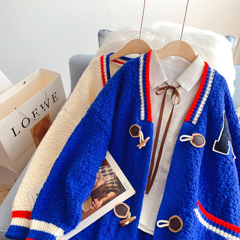SONG YI Oversized Blue Cardigans 2022 New Women's Sweater Jacket Autumn Winter Thicken Preppy Style Striped Knitted Coats A0258