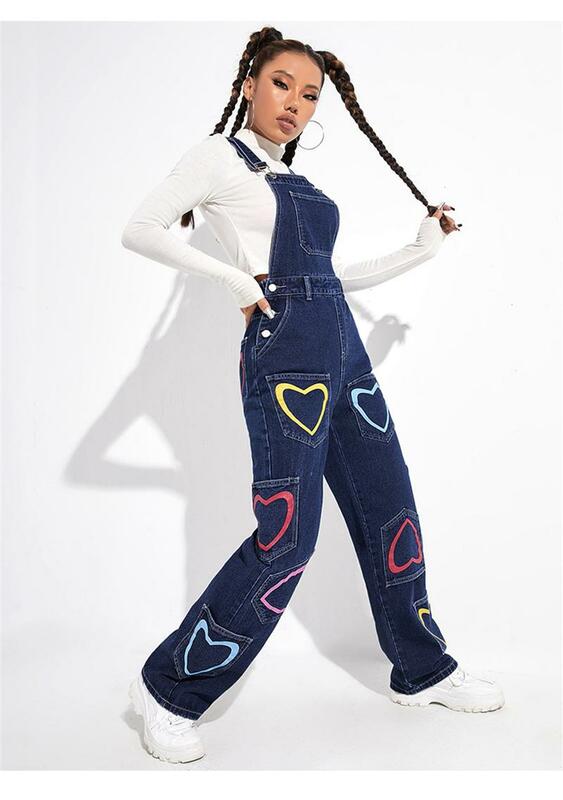 Women's 2022 spring and autumn new hot selling street INS peach heart print multi-pocket denim overalls straight overalls jeans