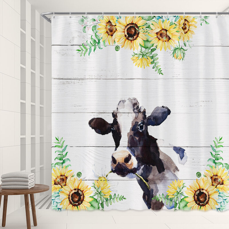 Cortina de ducha de ganado Highland, tablero de madera Retro, diseño de flores de granja, accesorios de decoración para el hogar, ganchos de pantalla para Baño