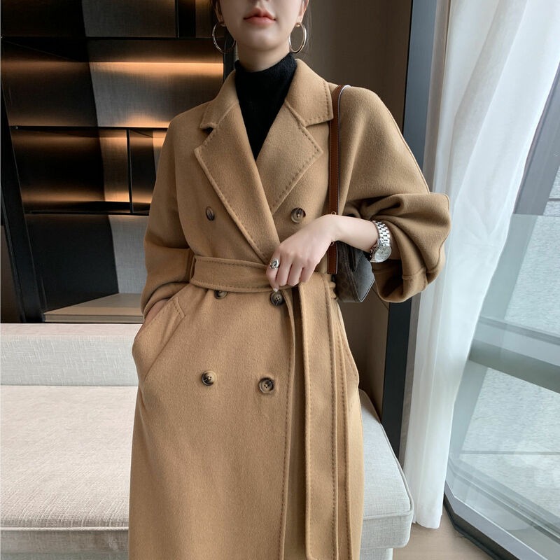 Abrigo de lana coreano de alta calidad para mujer, abrigo clásico de camel de doble botonadura, holgado, medio y largo, otoño e invierno, 2022
