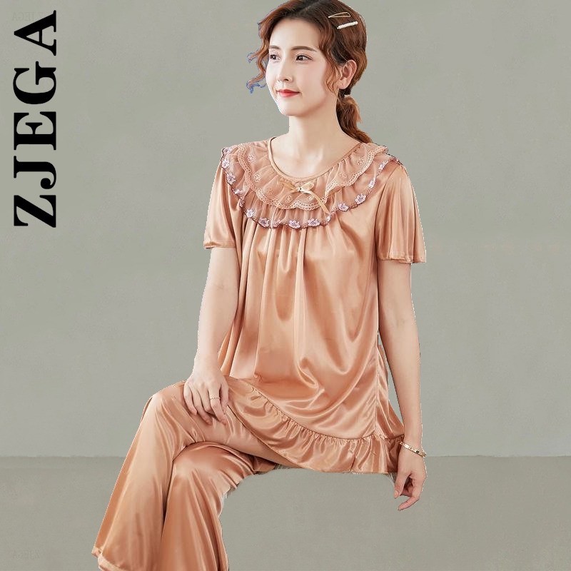 Zjega Women Fashion Pajamas Loose Homewear For Middle Age Satin Pajamas Set Lingerie Soft Ladies Suit Female Clothes Nightgown
