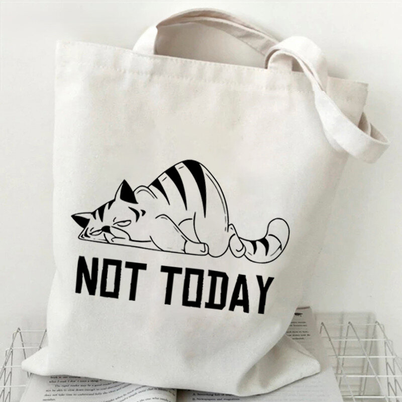 Not Today-Bolso de lona informal con forma de gato para mujer, bolsa de mano Kawaii, bolso de compras para chica de dibujos animados, bolsos de hombro informales a la moda, bolso bonito