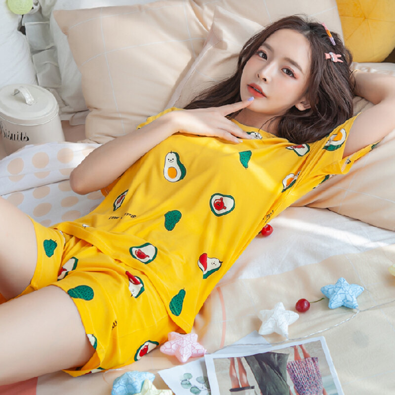 Mùa Hè Cotton Dệt Kim Hoạt Hình Bộ Đồ Ngủ Bộ Nữ Pyjamas Đồ Ngủ Váy Ngủ Pijama Mujer Plus Kích Thước Bắp Chân-Chiều Dài Quần Homewear