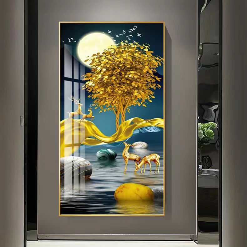 Pintura de decoración de porche de entrada, pintura colgante vertical de pasillo, alce de fortuna, luz de estilo chino, cristal de lujo