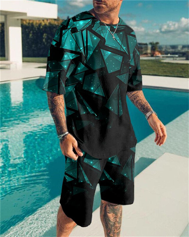 夏男性のスーツファッション3D印刷柄スポーツウェアセットtシャツ + ショーツ2ピース男性のジョギングフィットネスメンズ