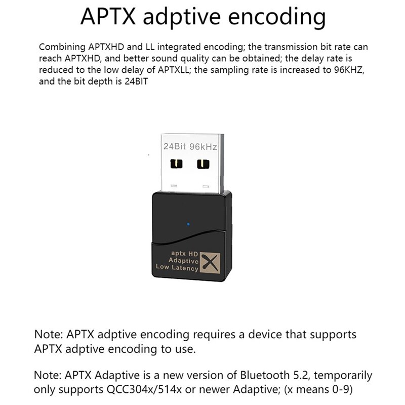 APTX Adaptive Bluetooth Transmitter, USB Bluetooth 5.2 Audio Transmitter, Driver-Free, Can Switch APTX Code Freely