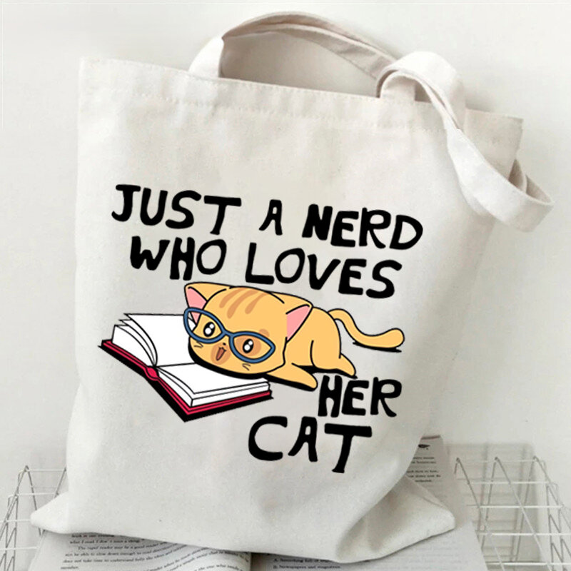 É bom eu estou bem tudo está bem bonito gato sacola casual bolsa de compras moda feminina reutilizável bonito gato lona saco