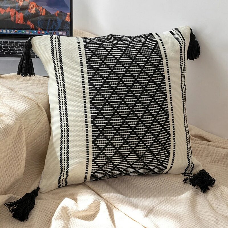Nordic Cotton Woven Cushion Cover Modern Diamond Jacquard Boho Throw Pillow Case Tassel Pillowcase Plaid Soft Decorative