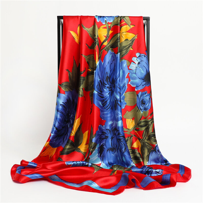Женский атласный шейный платок с цветочным принтом, 90 см