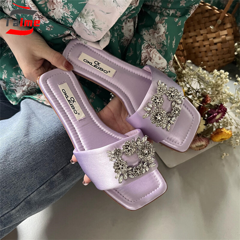 TAIME Rhinestone Sandal Women 2022 Slides Flat Slippers Woman Square Toe Flip Flops Brand Summer Shoes Claquette Femme Sandales