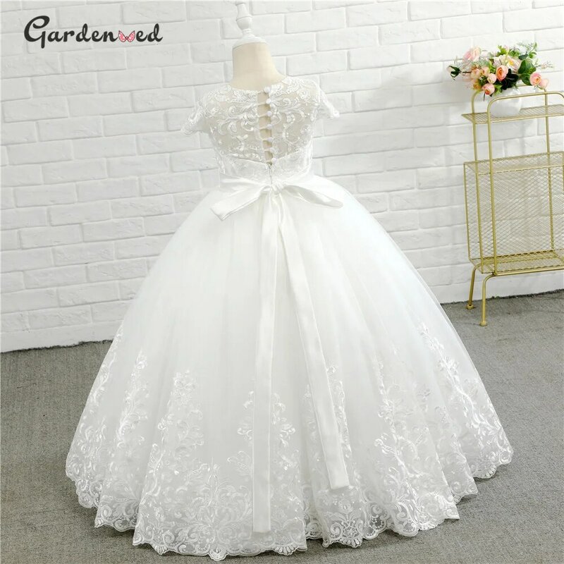 Ivory Lace Applique Ball Gown Kids Flower Girl Dress Tulle Lace Princess Dress Baby Kids Birthday Party First Communion Dresses