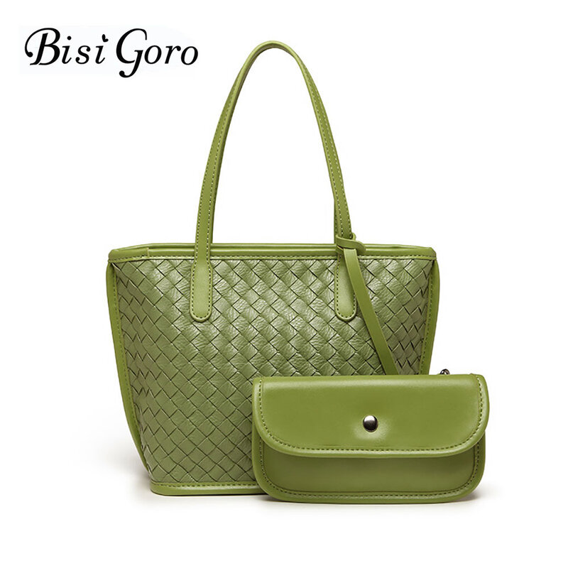 Bisi Goro Soft Leather Woven High Quality Women Handbags Luxury Design Stylish Small Totes Simple Shoulder Bag With Mini Wallet