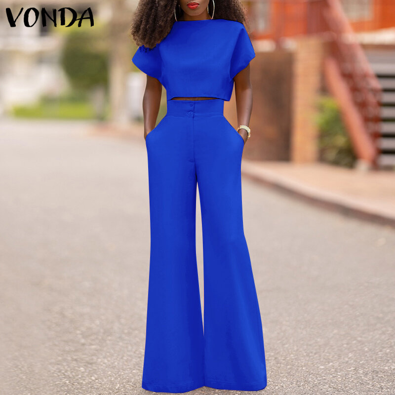 VONDA 2023ผู้หญิงชุดกางเกงหญิงสบายๆแขนสั้นคอกลม Blusa Street เข็มขัดเอวสูงกางเกงชุดกางเกงยาว