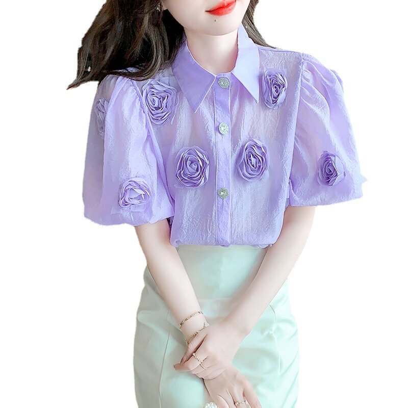 2022ฤดูร้อนใหม่ดอกไม้ Lady หลวมโคมไฟแขนสีม่วงเสื้อผู้หญิงด้านบน