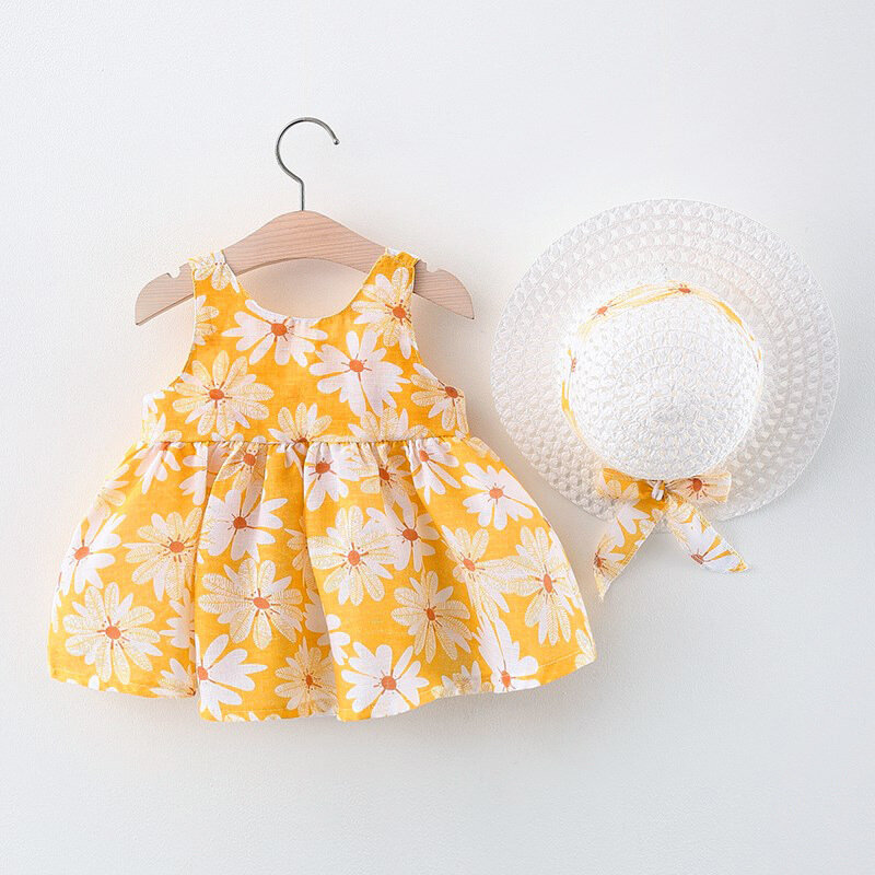 Платье с маргариткой для девочек 2 шт., летнее милое пляжное платье с бантом, Одежда для новорожденных детей от 0 до 3 лет + шапочка