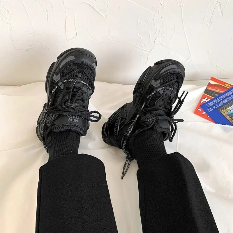 Zapatillas de deporte para mujer, zapatos deportivos para correr, moda Harajuku, plataforma, Tenis atléticos informales, color negro, Primavera, 2021