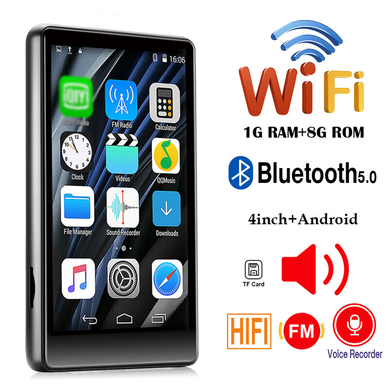 4.0 Cal w pełni dotykowy ekran WiFi MP4 przenośny odtwarzacz Bluetooth kompatybilny dźwięku HiFi głośnik do muzyki FM Radio z nagrywaniem wbudowany 16G