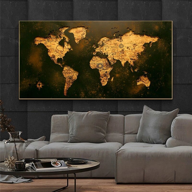 Mapa do mundo cartaz da arte lona decoração quadros retro abstracto cartazes quadros da arte da parede sala de estar casa cuadros