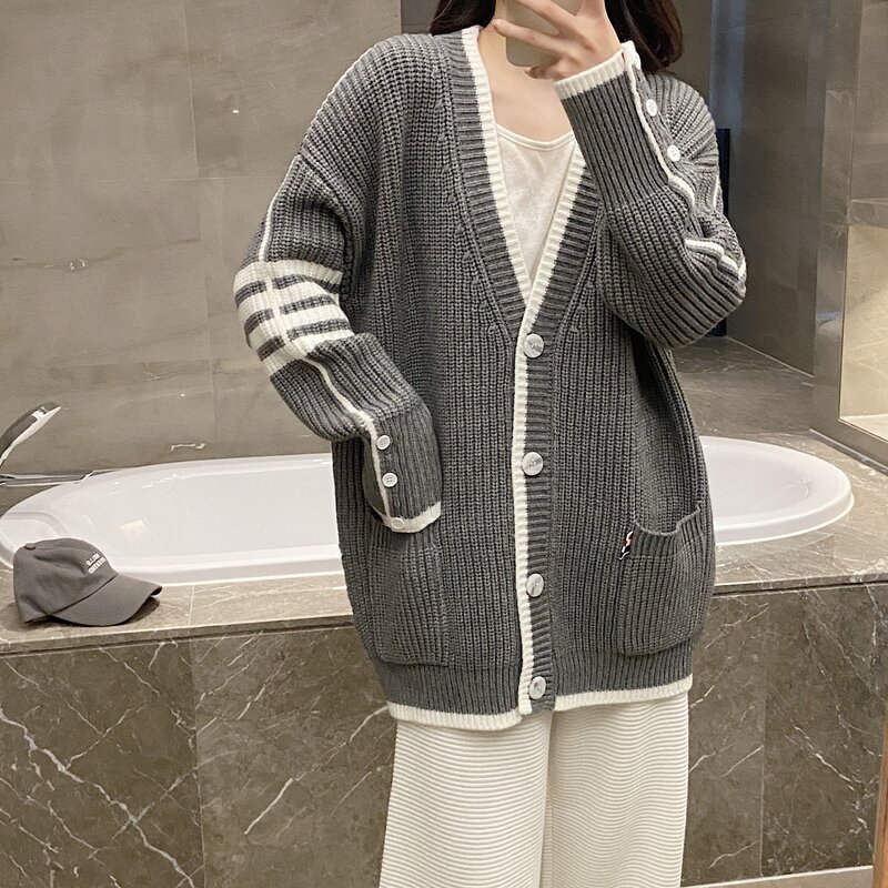 TB – Cardigan tricoté en laine à rayures avec aiguilles épaisses pour femme, pull-over blanc, ample et fin, col en v, dos, quatre bars, automne et hiver