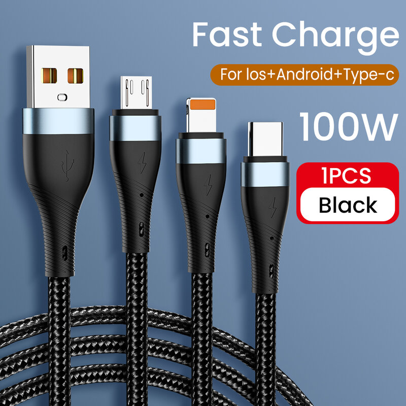 100W 6A USB To Type C 3 in 1 Charging Cable Fast Charge Micro for iPhone 12 For Huawei Xiaomi Samsung Nylon Braided Data Cable