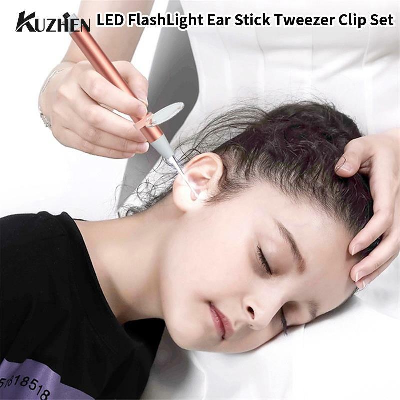 1Set LED torcia Ear Stick Booger pinzette Clip Baby Ear Cleaner endoscopio Penlight Spoon pulizia Ear Curette Light Spoon
