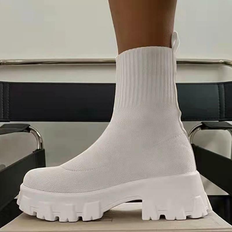 2022 Platform Boots with Heels Botas Women Boots Knitted Botines Autumn Winter Boots Slip on Socks Shoes Women De Mujer Female
