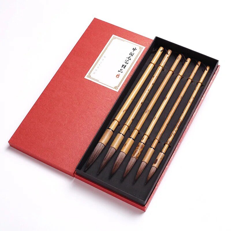 Chinês 6 pçs caligrafia pincel caneta conjunto de bambu titular caixa presente rato bigodes pintura escova para gouache lavagem arte suprimentos