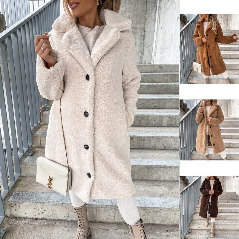 Autumn and Winter Women's Long Sleeved Wool Lapel Plush Top Solid Color Cardigan Single Breasted Medium Length Jacket