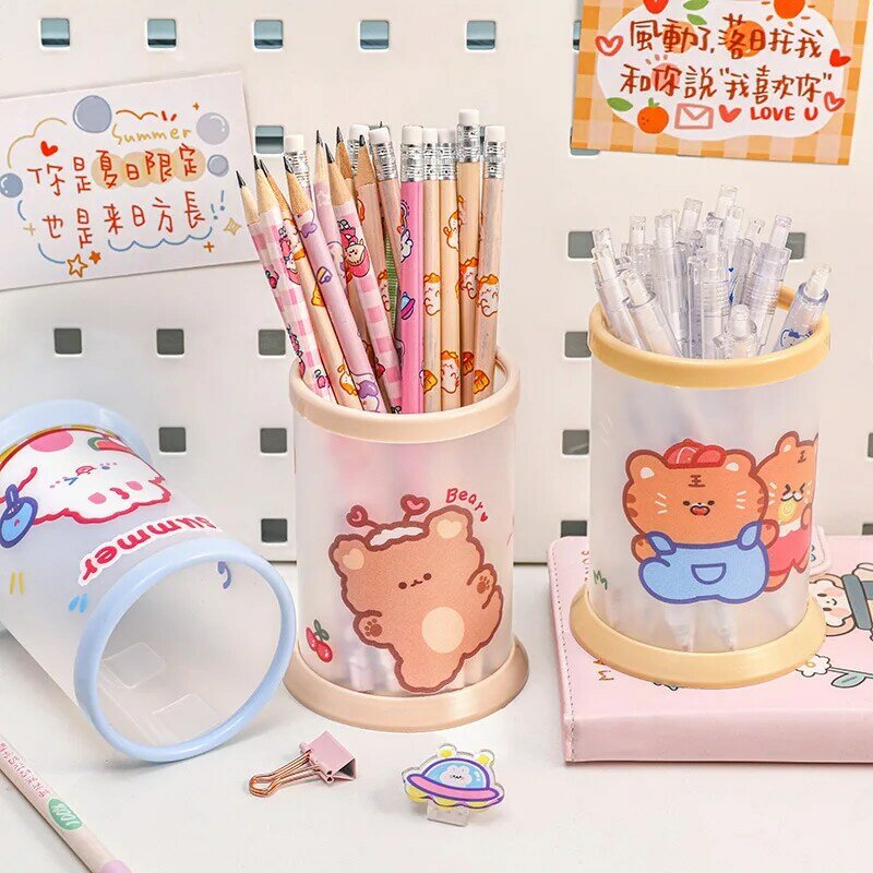 Kawaii Transparent Acrylic Pen Holder Desktop Organizer INS New Fashion Cute Bear Bunny Office Stationery Cosmetics Storage Box