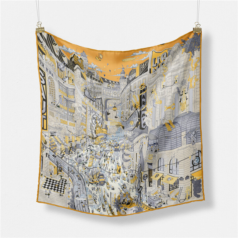 Foulard carré imprimé ville animée, 53CM, en soie sergé, pour femme, Bandana, hijab, bandeau de luxe, cravate