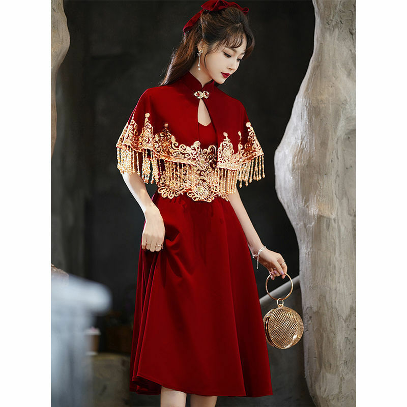 Chinese Bridal /Toast/Engagment Wedding Skirt With Shawl-2022 New Back Door Appreciation Banquet Improved Cheongsam Dress For Wo
