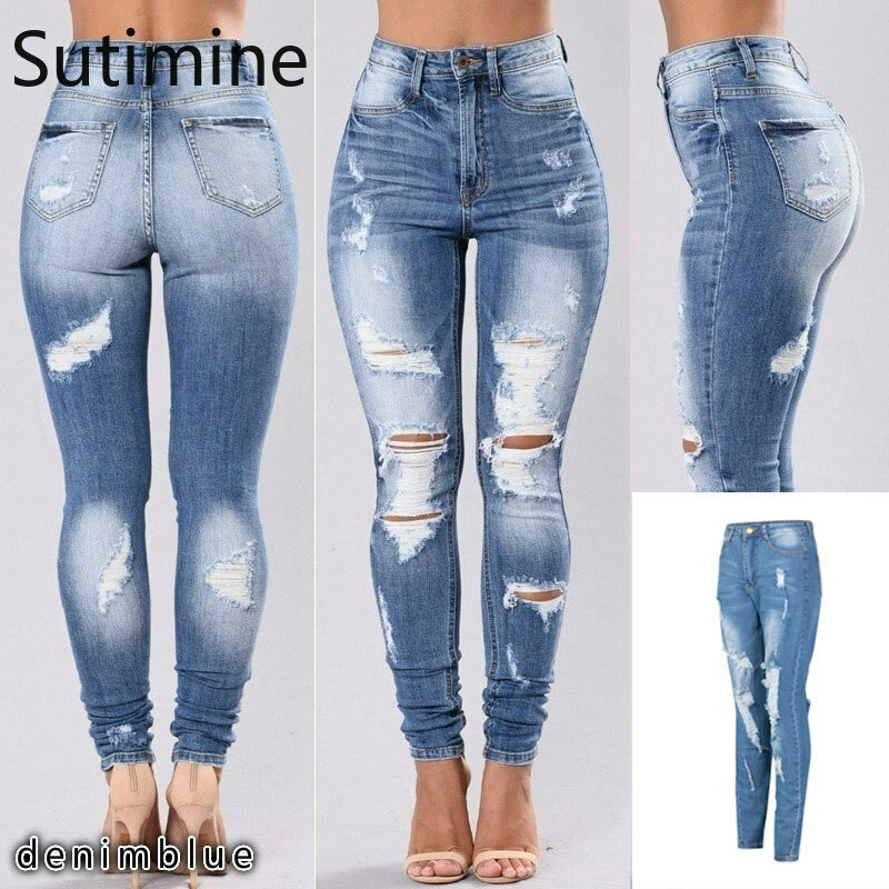 Jeans Wanita Baru 2022 Celana Denim Kasual High Street Jeans Sobek Besar Pacar Pinggang Sedang Fashion Celana Jeans Pensil Biru Vintage Seksi