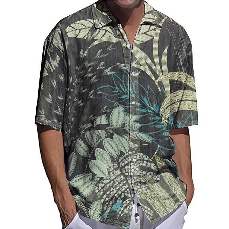Fashion Men Shirts Oversized Casual Shirt Leaf Print Half Sleeve Tops Mens Clothes Hawaiian Breathable Cardigan Blouses High-End