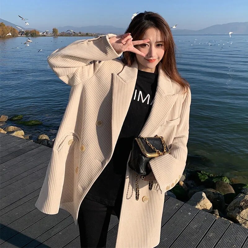 Женский двубортный вельветовый Блейзер Harajuku, винтажный пиджак с длинным рукавом, верхняя одежда, шикарные топы, осень 2022
