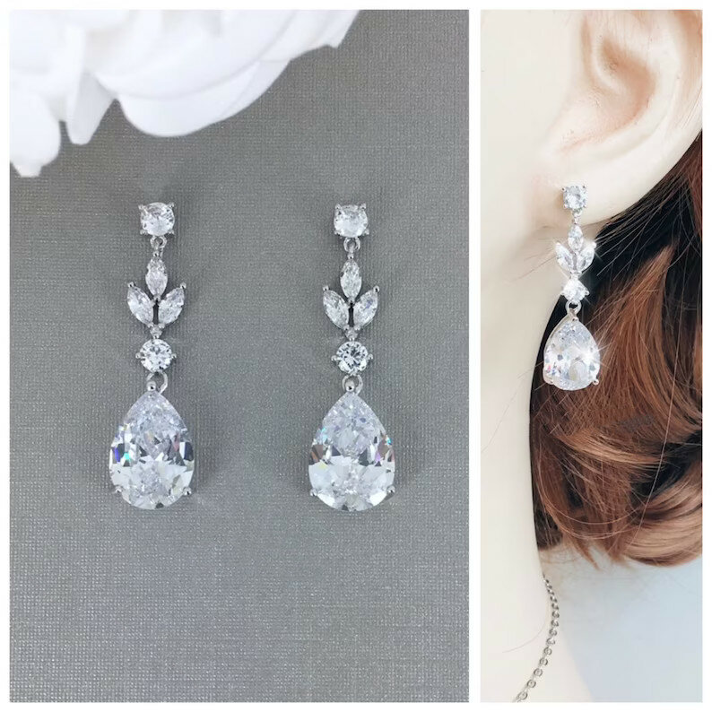 Fashion Delicate Princess Cut Marquise Zircon Inlay Women's Fashion Silver Plated Water Drop Engagement Wedding Earrings