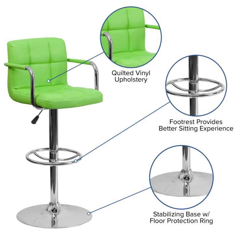 Современный Зеленый стеганый виниловый барный стул Genna с регулируемой высотой, с подлокотниками и хромированной основой, барный стул