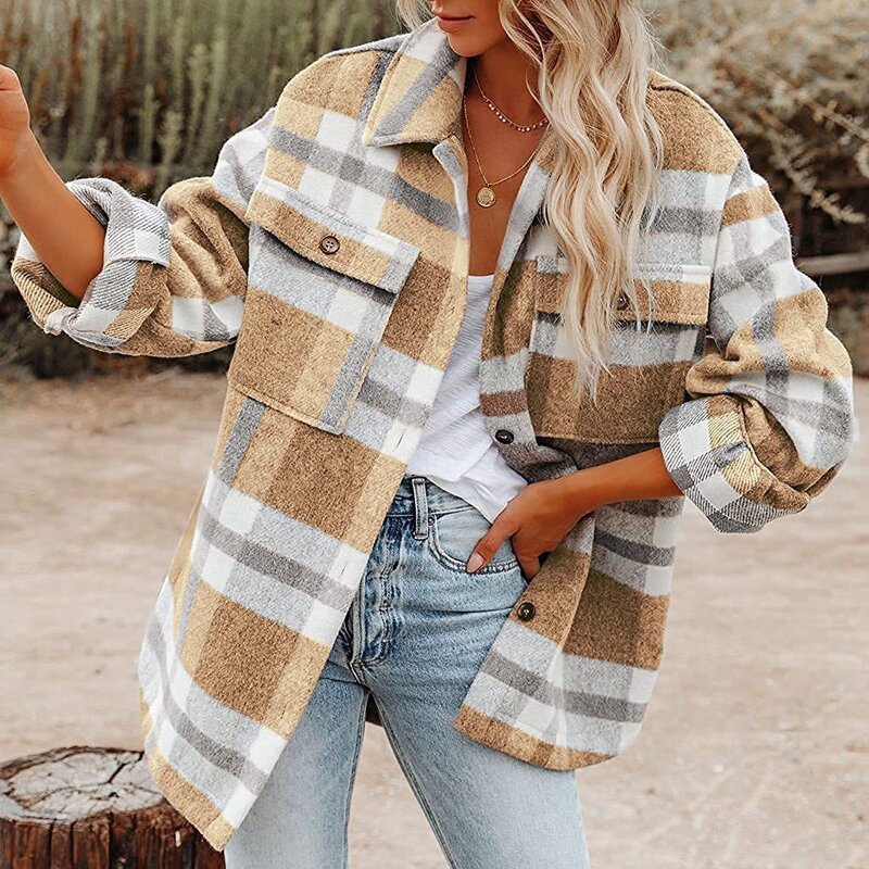 Autumn and Winter Women's Commuting Long Sleeved Single Breasted Loose Plaid Shirt Woolen Jacket