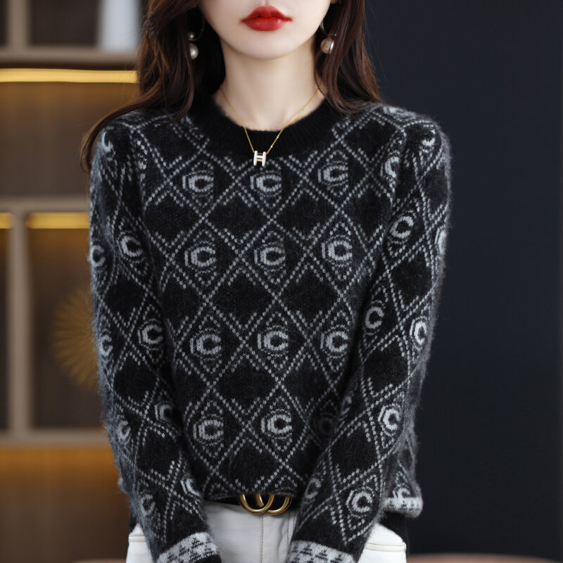 New Autumn And Winter Cashmere Sweater Women's Round Neck Retro Jacquard Sweater Pullover Loose Wool Knit Bottoming Coat
