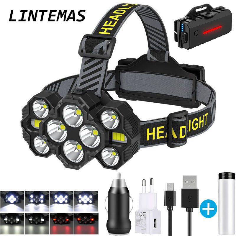10 LED كشافات قوية USB قابلة للشحن منطقة كبيرة الإضاءة المصابيح الأمامية 8 طرق الإضاءة فانوس التخييم كشافات لمبة صيد