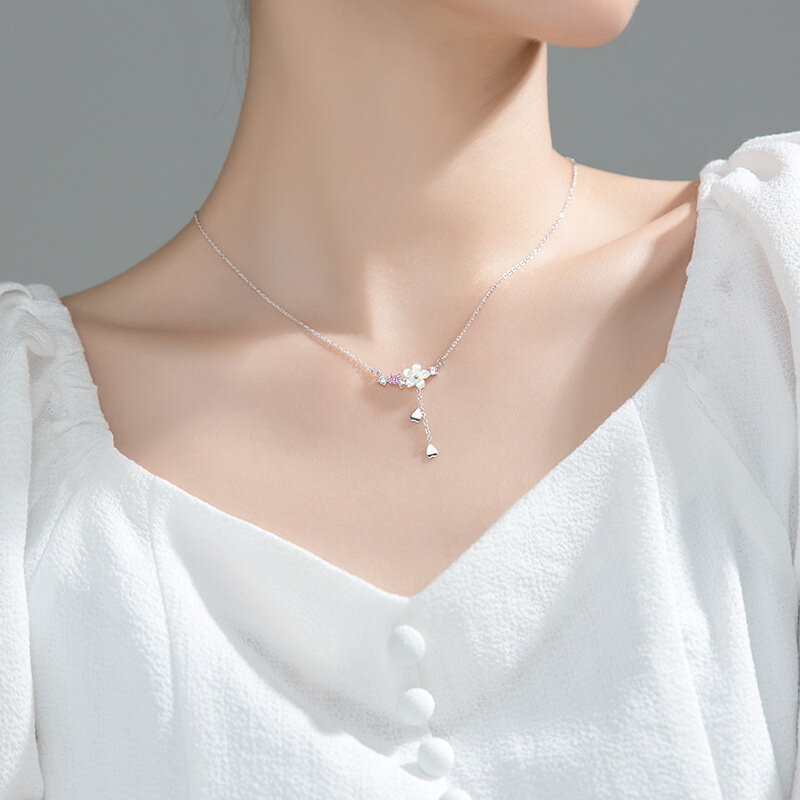 100% 925 Sterling Silver Flower-Shape różowy cyrkon naszyjnik dla kobiet modne ładne biżuteria