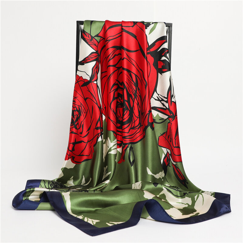 Foulard en Satin de soie imprimé fleur de Rose pour femme, Hijab, carré, bandeau, Bandana, cravate, châles enveloppés, silencieux, 90x90cm